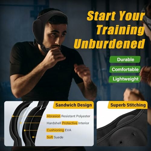 Man wearing protective headgear with product features highlighted: durable, comfortable, lightweight.